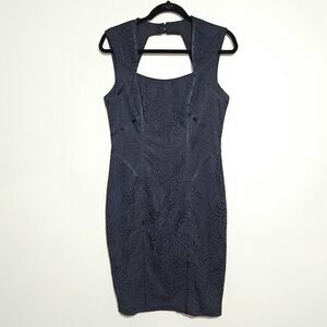 Cache Sheath‎ Dress Size 8 Navy Blue Floral Lace Overlay Knee-Length Evening